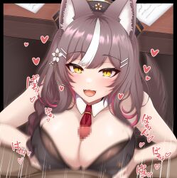 Rule 34 | 1boy, 1girl, absurdres, animal ears, bare shoulders, between breasts, blush, breasts, brown hair, censored, chisaka airi, cleavage, colored inner hair, detached collar, heart, hetero, highres, kurarika, large breasts, long hair, mosaic censoring, multicolored hair, necktie, necktie between breasts, open mouth, paizuri, penis, phase connect, pink hair, solo focus, tail, under table, upper body, virtual youtuber, white hair, wolf ears, wolf tail, yellow eyes