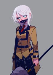Rule 34 | 1girl, belt, belt buckle, black mask, black pants, blue eyes, brown coat, buckle, coat, collared shirt, e.g.o (project moon), faust (project moon), grey hair, hammer, highres, holding, holding hammer, holding weapon, huge weapon, limbus company, mask, mouth mask, necktie, open clothes, open coat, pants, pmchell 04, project moon, red necktie, shirt, solo, weapon, white shirt