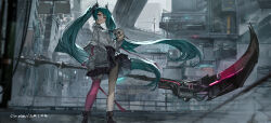 Rule 34 | 1girl, aqua hair, building, commission, hatsune miku, highres, holding, holding skull, holding weapon, jacket, long hair, long sleeves, looking at viewer, open mouth, ph., red eyes, shoes, single thighhigh, skirt, skull, solo, thighhighs, twintails, very long hair, vocaloid, weapon