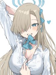 Rule 34 | 1girl, asuna (blue archive), asymmetrical bangs, blue archive, blue bow, blue bowtie, blue ribbon, bow, bowtie, breasts, cleavage, collared shirt, grin, hair over one eye, hair ribbon, halo, heart, highres, large breasts, light blush, light brown hair, long bangs, looking at viewer, official alternate costume, ribbon, seijyohu, shirt, simple background, smile, solo, sweat, upper body, white background, white shirt