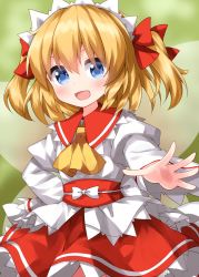 Rule 34 | 1girl, ascot, blue eyes, blush, fairy, fairy wings, hair between eyes, headdress, highres, juliet sleeves, long sleeves, open mouth, orange hair, puffy sleeves, red skirt, ruu (tksymkw), shirt, short hair, skirt, smile, solo, sunny milk, touhou, two side up, upper body, white shirt, wings, yellow ascot