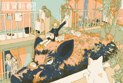 Rule 34 | 2019, 2boys, 2girls, ^ ^, arm up, bad id, bad pixiv id, boar, brown hair, cat, chinese zodiac, closed eyes, glasses, limited palette, multiple boys, multiple girls, nengajou, new year, open mouth, orange hair, original, pig, plant, potted plant, scarf, sitting, smile, standing, tami yagi, tricycle, tusks, white cat, year of the pig