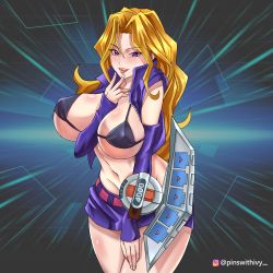 Rule 34 | 1girl, :p, absurdres, between breasts, bikini, bikini top only, blonde hair, blush, breasts, duel disk, elbow gloves, female focus, fingerless gloves, gloves, hand up, highres, instagram username, jacket, kerana art, kujaku mai, large breasts, light blush, long hair, looking at viewer, miniskirt, naughty face, navel, open clothes, open jacket, open mouth, pink eyes, purple skirt, revealing clothes, simple background, skirt, smile, solo, standing, swimsuit, tongue, tongue out, yu-gi-oh!