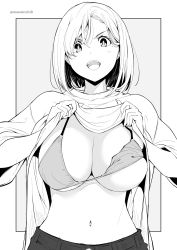 Rule 34 | 1girl, bikini, breasts, clothes lift, grey background, greyscale, highres, kichihachi, large breasts, lifted by self, looking at viewer, monochrome, navel, open mouth, original, parted bangs, shirt lift, short hair, solo, swimsuit, two-tone background, white background
