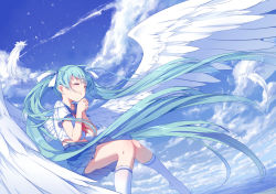 Rule 34 | 1girl, absurdly long hair, aqua hair, cloud, day, closed eyes, feathers, hatsune miku, highres, interlocked fingers, kneehighs, long hair, own hands clasped, own hands together, school uniform, serafuku, skirt, sky, socks, solo, twintails, very long hair, vocaloid, wings, yue yue