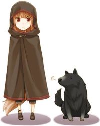 Rule 34 | 1girl, ayakura juu, black pants, brown cape, brown footwear, brown hair, cape, dog, enekk, full body, holo, hood, hooded, long hair, lowres, non-web source, novel illustration, official art, pants, red eyes, shoes, simple background, solo, spice and wolf, standing, tail, white background, wolf tail