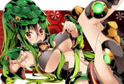 Rule 34 | 1girl, :p, between breasts, blush, boots, bra, breasts, glowing, green hair, large breasts, long hair, looking at viewer, original, red eyes, smile, snake, snake costume, solo, tongue, tongue out, underboob, underwear, yuuzii