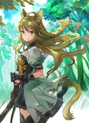 Rule 34 | 1girl, ahoge, animal ears, atalanta (fate), black gloves, black thighhighs, bow (weapon), cat ears, fate/apocrypha, fate (series), gloves, green eyes, green hair, long hair, looking at viewer, smile, solo, tail, thighhighs, weapon, yoshimo (yoshimo1516)