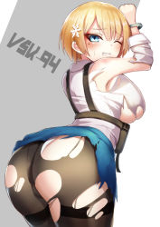 Rule 34 | 1girl, armpits, arms up, ass, black pantyhose, blonde hair, blue eyes, blue skirt, blush, bound, bound wrists, breasts, character name, clenched teeth, collared shirt, commentary request, cowboy shot, cuffs, from behind, girls&#039; frontline, grey background, hair between eyes, hair ornament, handcuffs, huge ass, large breasts, long sleeves, looking at viewer, magazine (weapon), mole, mole under eye, oboenikui namae, one eye closed, panties, pantyhose, shirt, shirt tucked in, short hair, sidelocks, simple background, single bare shoulder, skindentation, skirt, snowflake hair ornament, solo, standing, sweatdrop, teeth, thighband pantyhose, torn clothes, torn pantyhose, torn shirt, torn skirt, two-tone background, underboob, underwear, vsk-94 (girls&#039; frontline), white background, white panties, white shirt, wince