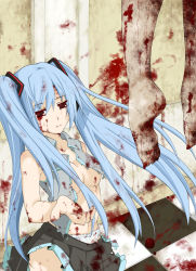 Rule 34 | 1girl, blood, blood stain, blue hair, bow, bow panties, breasts, brown eyes, checkered floor, cleavage, death, feet, female focus, floor, hatsune miku, highres, indoors, long hair, no bra, open clothes, open shirt, panties, shirt, solo, torn clothes, twintails, underwear, vocaloid, wing (aiastor)