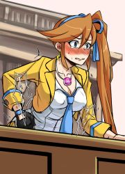 Rule 34 | 1girl, ace attorney, athena cykes, blue eyes, blue necktie, blue ribbon, blush, breasts, brown hair, cleavage, covered erect nipples, crescent, crescent earrings, cropped jacket, earrings, embarrassed, gloves, hair between eyes, hair ribbon, jacket, jewelry, large breasts, long hair, mimuni362, necklace, necktie, phoenix wright: ace attorney - dual destinies, phoenix wright: ace attorney - spirit of justice, ribbon, sex toy, side ponytail, single earring, single glove, solo, tears, trembling, vibrator, yellow jacket