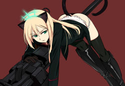 Rule 34 | 1girl, animal ears, ass, autocannon, bent over, black thighhighs, blonde hair, boots, cannon, gloves, green eyes, gun, heinrike prinzessin zu sayn-wittgenstein, hirschgeweih antennas, lace, military, military uniform, ningen (ningen96), ningen (ningen (96), noble witches, panties, simple background, smile, solo, strike witches, tail, thighhighs, underwear, uniform, weapon, world witches series
