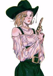 Rule 34 | 1girl, bare shoulders, black hat, blonde hair, closed mouth, commentary, cowboy hat, cowboy shot, dress, gun, handgun, hat, hat ornament, holding, holding gun, holding weapon, itzy, jewelry, k-pop, long sleeves, looking at viewer, medium hair, multiple necklaces, necklace, off-shoulder dress, off shoulder, real life, revolver, ryujin (itzy), siiideee, simple background, solo, standing, weapon, white background