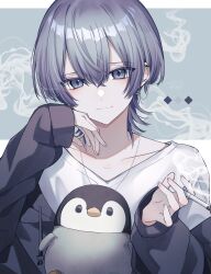 Rule 34 | 1boy, absurdres, baby penguin, bird, bishounen, cigarette, collarbone, commentary, cowlick, cross, daifuku mame (kageroudt33), diamond (shape), earrings, emperor penguin, grey background, grey eyes, grey hair, grey jacket, hair between eyes, hand on own cheek, hand on own face, head tilt, highres, holding, holding cigarette, jacket, jewelry, light smile, long sleeves, looking at viewer, necklace, off shoulder, original, penguin, shirt, short hair, simple background, smoke, solo, straight-on, symbol-only commentary, t-shirt, upper body, white background, white shirt