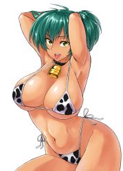 1girl, animal print, arms behind head, bikini, breasts, chinese zodiac, cow print, cowbell, curvy, dark skin, dark skinned female, female focus, green eyes, green hair, haiboku, hair between eyes, hand in hair, highres, ikkitousen, jewelry, large breasts, licking lips, long hair, looking at viewer, naughty face, print bikini, ryofu housen, seductive smile, shiny, shiny hair, shiny skin, side-tie bikini, simple background, smile, solo, swimsuit, thong, tongue, tongue out, twintails, white background, year of the ox