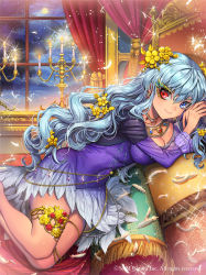Rule 34 | 1girl, bad id, bad pixiv id, blue eyes, blue hair, breasts, candle, cleavage, company name, covered navel, curtains, ells, feathers, fire, gyakushuu no fantasica, hair ornament, heterochromia, jewelry, long hair, necklace, official art, pillow, red eyes, solo, sparkle, window
