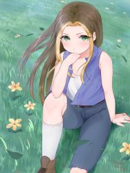 1girl arm_at_side arm_support belt blonde_hair blue_pants blush bokujou_monogatari boots breasts brown_boots brown_hair cross-laced_footwear colored_bangs female_focus floating_hair flower from_above grass green_eyes harvest_moon head_rest karen_(bokujou_monogatari) kneehighs lace-up_boots leaf long_hair looking_at_viewer multicolored_hair on_ground outdoors pants shorts sleeveless small_breasts socks solo torn_clothes torn_shorts twitter_username two-tone_hair ushinomiya white_socks wind yellow_flower