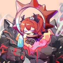 Rule 34 | 1girl, :/, arknights, black footwear, black shirt, blush stickers, chain, chibi, chinese commentary, closed eyes, closed mouth, commentary, demon girl, demon horns, facing viewer, food, full body, hair ornament, highres, holding food, holding ice cream, horns, ice cream, long hair, monster, nitrogen342, official alternate costume, pony (animal), popsicle, red hair, shirt, shoes, solo, surtr (arknights), surtr (liberte echec) (arknights)