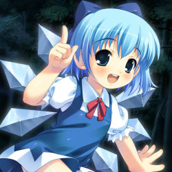 Rule 34 | 1girl, :d, akiba hideki, blouse, blue bow, blue dress, blue eyes, blue hair, blush, bow, cirno, dress, hair bow, ice, ice wings, index finger raised, looking at viewer, neck ribbon, open mouth, puffy short sleeves, puffy sleeves, red ribbon, ribbon, round teeth, shirt, short hair, short sleeves, smile, solo, teeth, touhou, upper body, white shirt, wing collar, wings