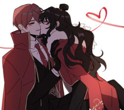 Rule 34 | 1boy, 1girl, black gloves, black jacket, blush, brown hair, chel (ttt lc), closed eyes, coat, coat on shoulders, collared shirt, gloves, gold trim, hair bun, heart, heart of string, hetero, husband and wife, jacket, kiss, library of ruina, long hair, lowell (project moon), necktie, project moon, red coat, red necktie, shirt, sidelocks, skirt, string, string of fate, sweat, very long hair, white background, white shirt, xiao (project moon)