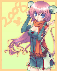 Rule 34 | 00s, 1girl, 2008, animal ears, blue eyes, blue nails, elbow gloves, gloves, long hair, mitake eil, mouse ears, mouse tail, nail polish, new year, original, pink hair, scarf, solo, tail