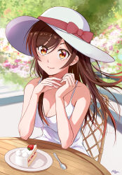Rule 34 | 1girl, absurdres, bare arms, breasts, brown eyes, brown hair, cake, chair, cleavage, closed mouth, collarbone, commentary request, dress, ear piercing, flower, food, fruit, hat, hat ribbon, highres, huge filesize, kanojo okarishimasu, large breasts, lips, long hair, looking at viewer, lygon, mizuhara chizuru, outdoors, piercing, plate, ribbon, signature, sitting, smile, solo, spoon, strawberry, sun hat, sundress, table, white dress, white hat