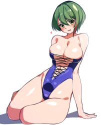 Rule 34 | 1girl, blush, breasts, dead or alive, dead or alive xtreme venus vacation, green hair, highres, large breasts, nishisan (mikurosu), short hair, smile, solo, tamaki (doa)