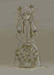 Rule 34 | 1girl, blush, checkered clothes, checkered skirt, clothes lift, dress shirt, highres, himekaidou hatate, kawashina (momen silicon), kneeling, long hair, looking at viewer, monochrome, pointy ears, shirt, shirt lift, skirt, smile, solo, touhou, twintails