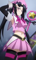 Rule 34 | 10s, 1girl, black hair, breasts, female focus, hat, high school dxd, highres, large breasts, long hair, midriff, navel, purple eyes, serafall leviathan, skirt, smile, solo, staff, standing, stitched, thighhighs, third-party edit, twintails