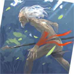 Rule 34 | 1boy, arm ribbon, bad id, bad pixiv id, beard, eyebrows, facial hair, goatee, highres, hunting, ladic, loincloth, long hair, male focus, manly, mustache, old, old man, original, polearm, ribbon, sketch, solo, spear, weapon, white hair