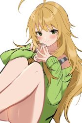 Rule 34 | 1girl, ahoge, bare shoulders, blonde hair, breasts, closed mouth, collarbone, dot nose, feet, green eyes, green sweater, hands up, highres, hoshii miki, idolmaster, idolmaster (classic), idolmaster million live!, idolmaster million live! theater days, knees up, long hair, long sleeves, looking at viewer, medium breasts, off-shoulder sweater, off shoulder, satoupote, shirt, simple background, sitting, smile, solo, steepled fingers, striped clothes, striped shirt, sweater, white background