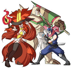 Rule 34 | 1girl, 2boys, armor, armored boots, beard, between fingers, boots, breastplate, chesnaught, closed mouth, commentary, creatures (company), delphox, dress, english commentary, evil smile, facial hair, fighting stance, fire, full armor, full body, game freak, gauntlets, gen 6 pokemon, greaves, greninja, hat, height difference, helmet, highres, holding, holding lance, holding polearm, holding weapon, knight, lance, long hair, long sleeves, looking at viewer, multiple boys, ninja, nintendo, open mouth, over shoulder, pants, personification, pokemon, polearm, red hair, serious, sheath, shoes, shoulder armor, shuriken, simple background, smile, spiked armor, spikes, standing, starter pokemon trio, sword, thighhighs, tina fate, v-shaped eyebrows, very long hair, vest, wand, weapon, weapon over shoulder, white background, wide sleeves, witch, witch hat, zettai ryouiki