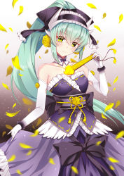 Rule 34 | 1girl, absurdres, black bow, bow, bracelet, choker, collarbone, elbow gloves, fate/grand order, fate (series), floating hair, gloves, gradient background, green eyes, green hair, hair between eyes, hair bow, hand fan, headdress, high ponytail, highres, holding, holding fan, jewelry, kiyohime (fate), kiyohime (formal dress) (fate), long hair, looking at viewer, obi, sash, skirt hold, smile, solo, standing, striped, very long hair, white gloves