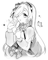 Rule 34 | 1girl, blush, bow, bowtie, brooch, bug, butterfly, commission, frilled hairband, frills, greyscale, hair bow, hair over one eye, hairband, hand up, highres, hopetokki, indie virtual youtuber, insect, jewelry, long hair, monochrome, nina saotome, nina saotome (2.0), open mouth, skirt, solo, sparkle, sparkling eyes, star brooch, striped bow, striped bowtie, striped clothes, suspender skirt, suspenders, vgen commission, virtual youtuber