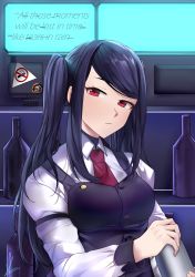 Rule 34 | 1girl, absurdres, bar (place), blade runner, bottle, english text, expressionless, formal, highres, holding, holding bottle, jill stingray, kaicchi, long hair, looking at viewer, necktie, no smoking, red eyes, shirt, solo, sticker, va-11 hall-a, white shirt