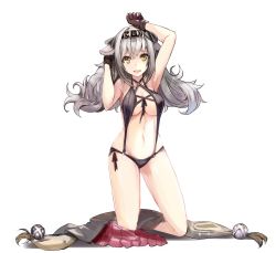 Rule 34 | 1girl, animal ears, arm up, armpits, bad id, bad pixiv id, bikini, black bikini, black gloves, breasts, cleavage, copyright request, full body, gloves, grey hair, hair between eyes, hair ornament, hand up, highres, kneeling, long hair, looking at viewer, medium breasts, navel, open mouth, pleated skirt, purple skirt, revealing clothes, rods, simple background, skirt, skirt around one leg, smile, solo, swimsuit, teeth, underboob, white background, yellow eyes