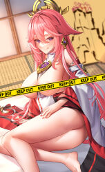 Rule 34 | 1girl, :q, absurdres, animal ears, areola slip, ass, bare legs, bare shoulders, barefoot, between breasts, breasts, breasts out, caution tape, censored, clothes between breasts, dangle earrings, detached sleeves, earrings, feet, floppy ears, fox ears, futon, genshin impact, hair between eyes, hair ornament, hand on own thigh, heart, heart in eye, highres, jewelry, large breasts, legs, long hair, looking at viewer, lying, nail polish, naughty face, necklace, nontraditional miko, on side, pink hair, pink nails, purple eyes, shirt, sleeveless, sleeveless shirt, smile, solo, symbol in eye, tape censor, tatami, thighs, tongue, tongue out, turtleneck, turtleneck shirt, very long hair, white-paka, white shirt, wide sleeves, yae miko