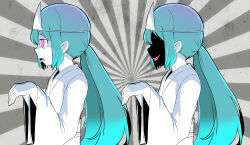 Rule 34 | 2girls, absurdres, aqua hair, black skin, candle, colored sclera, colored skin, from side, ghost, grey sclera, hatsune miku, highres, japanese clothes, kimono, long hair, low twintails, multiple girls, multiple persona, obake no ukenerai (vocaloid), obi, open mouth, pink eyes, pinocchio-p, sash, skirt, twintails, very long hair, vocaloid, white kimono, white skirt