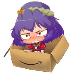Rule 34 | 1girl, amazon (company), angry, bad id, bad pixiv id, blush, box, cardboard box, chibi, embarrassed, female focus, frown, in box, in container, purple hair, red eyes, solo, spacezin, touhou, yasaka kanako