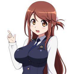 Rule 34 | 10s, 1girl, blush, breasts, brown eyes, brown hair, bryanz09, iida nana, index finger raised, large breasts, long hair, looking at viewer, necktie, open mouth, rail wars!, simple background, smile, solo, white background