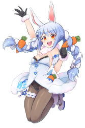 Rule 34 | 1girl, :d, animal ear fluff, animal ears, arm up, black gloves, blue hair, braid, breasts, bridal garter, brown pantyhose, carrot hair ornament, cleavage, clenched hand, commentary request, food-themed hair ornament, full body, fur-trimmed gloves, fur trim, gloves, hair ornament, highres, hololive, konboi-eg, looking at viewer, medium breasts, multicolored hair, open mouth, orange eyes, pantyhose, rabbit ears, shoes, simple background, smile, solo, teeth, twin braids, two-tone hair, upper teeth only, usada pekora, usada pekora (1st costume), virtual youtuber, white background, white footwear, white hair