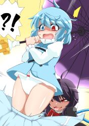 Rule 34 | !?, 2girls, ahoge, assisted exposure, black dress, black hair, blue eyes, blue hair, blue skirt, blue vest, blue wings, blush, bow, bow panties, bowtie, breasts, bright pupils, commentary request, dress, fang, feet out of frame, geta, hayashitsu, heterochromia, highres, holding, holding umbrella, houjuu nue, juliet sleeves, long sleeves, medium breasts, multiple girls, nose blush, open mouth, panties, pantsing, presenting another, puffy sleeves, purple umbrella, red bow, red bowtie, red eyes, shiny skin, shirt, short hair, skirt, surprised, tatara kogasa, tongue, tongue out, touhou, umbrella, underwear, vest, white panties, white pupils, white shirt, wings