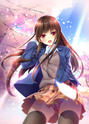 Rule 34 | 1girl, :d, black thighhighs, blue jacket, blue sky, blurry, blush, brown hair, brown sweater vest, copyright request, day, from below, gluteal fold, hand up, highres, jacket, official art, open mouth, orange eyes, outdoors, panties, pantyshot, pink panties, plaid, plaid skirt, skirt, sky, smile, solo, standing, sweater vest, thighhighs, tree, underwear, vest, yellow skirt
