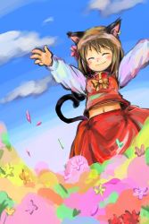 Rule 34 | 1girl, \o/, animal ears, arms up, bow, bowtie, brown hair, cat ears, cat girl, cat tail, chen, closed eyes, cloud, day, earrings, female focus, flower, gradient background, hair flower, hair ornament, highres, jewelry, midriff, nature, navel, outdoors, outstretched arms, plant, rotan, short hair, skirt, sky, smile, solo, tail, touhou