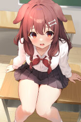 Rule 34 | 1girl, absurdres, animal ears, black skirt, blush, bone hair ornament, braid, brown eyes, brown hair, chalkboard, classroom, collared shirt, commentary request, desk, dog ears, dog girl, hair ornament, highres, hololive, indoors, inugami korone, long hair, long sleeves, looking at viewer, low twin braids, myonchi, neckerchief, on table, open mouth, pleated skirt, red neckerchief, school desk, school uniform, shirt, skirt, solo, table, twin braids, virtual youtuber, white shirt, wooden floor