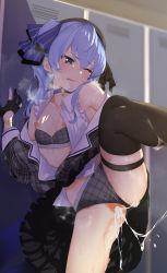 Rule 34 | 1girl, beret, black hat, black skirt, black thighhighs, blue choker, blue eyes, blue hair, blue nails, blue ribbon, blush, bow, bra, bracelet, breasts, breasts out, censored, choker, clothing aside, collarbone, commentary, cum, cum in pussy, cum string, earrings, frills, gloves, grey bra, grey panties, hair between eyes, hair ribbon, hat, hcz n, hetero, highres, hololive, hoshimachi suisei, hoshimachi suisei (1st costume), indoors, jewelry, locker, long hair, long sleeves, mosaic censoring, nail polish, nipples, one eye closed, open clothes, open shirt, panties, panties aside, partially fingerless gloves, plaid, plaid bra, plaid panties, pussy, pussy juice, ribbon, side ponytail, single thighhigh, skirt, small breasts, solo, spread legs, star (symbol), star earrings, star in eye, symbol-only commentary, symbol in eye, thigh strap, thighhighs, underwear, virtual youtuber