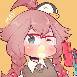 Rule 34 | 1girl, absurdres, arknights, braid, brown vest, character name, gimme2000, glasses, gloves, green gloves, gun, handgun, hat, highres, holding, long hair, looking at viewer, may (arknights), necktie, penguin hat, pink hair, pringle duck, pringles, red-framed eyewear, semi-rimless eyewear, shirt, simple background, solo, twin braids, vest, weapon, white shirt, yellow background