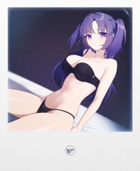 Rule 34 | 1girl, absurdres, bare shoulders, black bra, black panties, blue archive, bra, breasts, cleavage, feet out of frame, halo, highres, large breasts, looking at viewer, on bed, panties, parted bangs, purple eyes, purple hair, sidelocks, sitting, solo, strapless, strapless bra, two side up, underwear, underwear only, yan wan, yuuka (blue archive)
