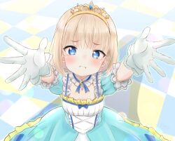 Rule 34 | 1girl, blonde hair, blue dress, blue eyes, blush, bob cut, bubble skirt, checkered floor, closed mouth, diadem, dress, fluno, frilled dress, frills, gloves, highres, looking at viewer, medium hair, mia luna tearmoon, outstretched arm, outstretched arms, pout, puffy short sleeves, puffy sleeves, reaching, reaching towards viewer, short sleeves, skirt, solo, standing, tearmoon teikoku monogatari, white gloves