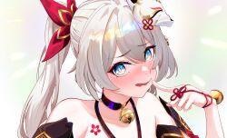 Rule 34 | 1girl, agino, bare shoulders, bell, black choker, chest tattoo, choker, commentary, cosplay, firefly (honkai: star rail), fox mask, grey hair, halterneck, highres, honkai: star rail, honkai (series), jingle bell, long hair, looking at viewer, mask, mask on head, neck bell, pointing, pointing at self, portrait, solo, sparkle (honkai: star rail), sparkle (honkai: star rail) (cosplay), tattoo, tongue, tongue out